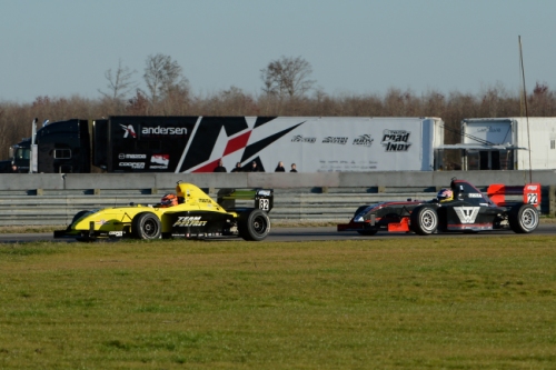 Team Pelfrey's Jack Aitken leads Andretti Autosport's Weiron Tan on track, and half-way through Cooper Tires Winterfest.  (Photo Courtesy of Andersen Promotions)
